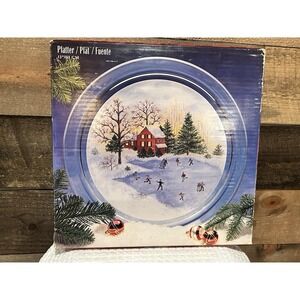 Vintage Indiana Glass Lancaster 13 clear glass winter scene skating kids on pond